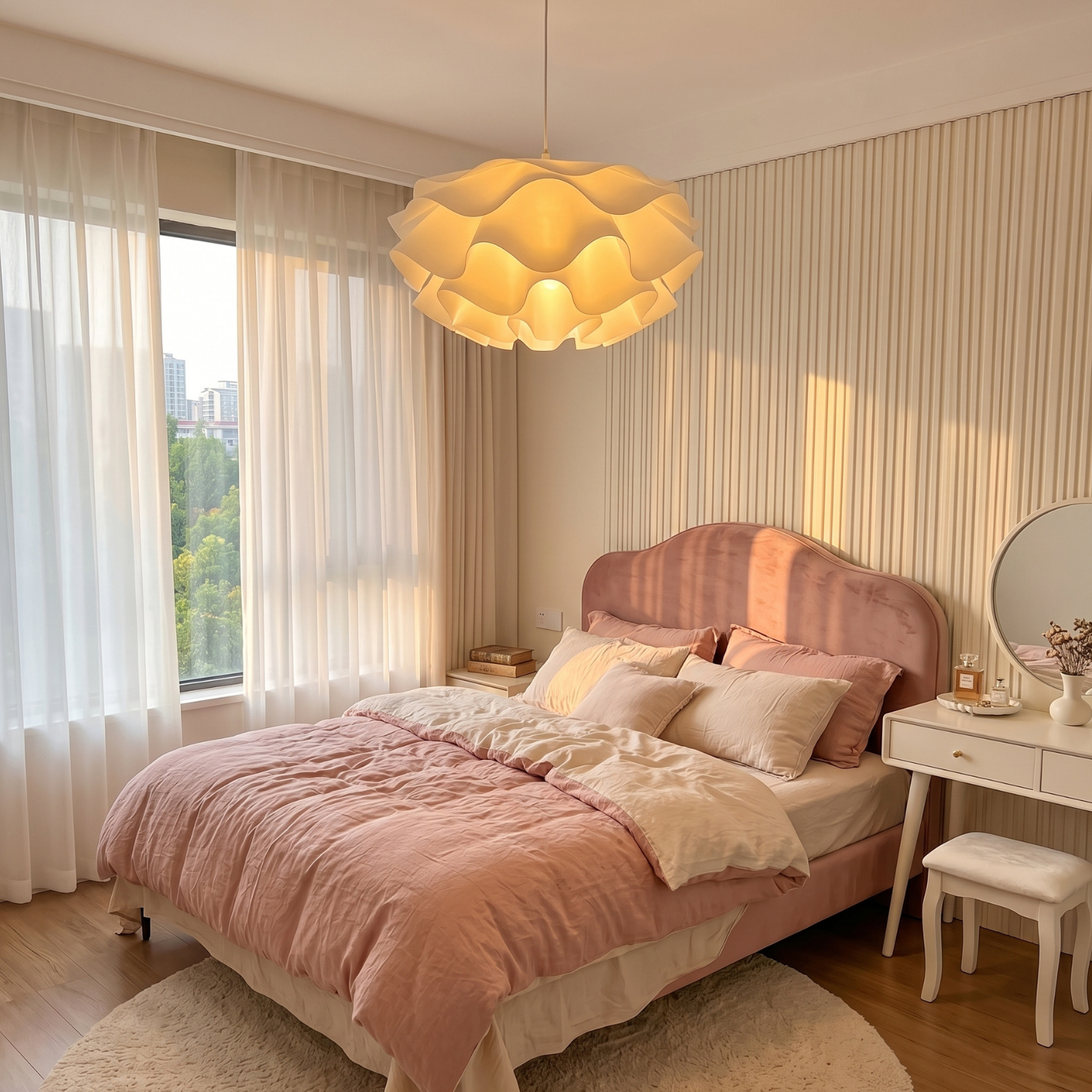 White Lotus Petal Cloud Chandelier | Modern Layered Flower Pendant Light | Bedroom Dining Room Statement Ceiling Light | Remote Control Dimming