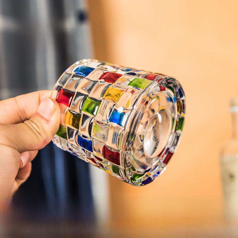 Rotating Pattern Whiskey Glass with Wooden Base