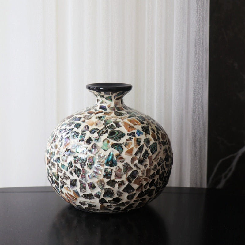 Sun Lake Supply Handcrafted Seashell Vase 16cm Decorative Shell Mosaic Vase from Vietnam