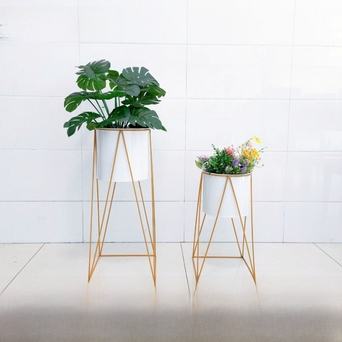 Sun Lake Supply Matching Gold Metal Plant Stand Set ? Sculptural Elevated Planters (2 Sizes)