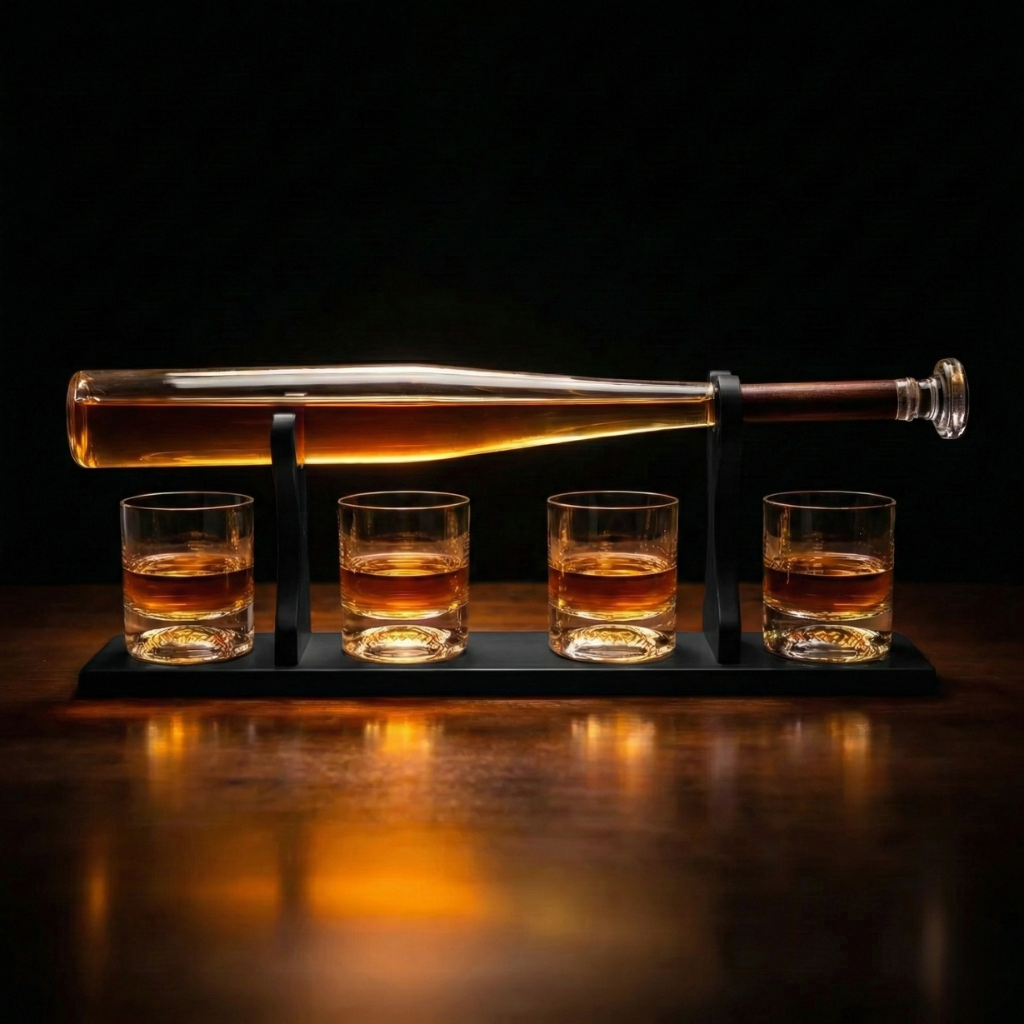 Baseball Bat Whiskey Decanter Set – Luxury Glass Liquor Dispenser with 4 Rocks Glasses
