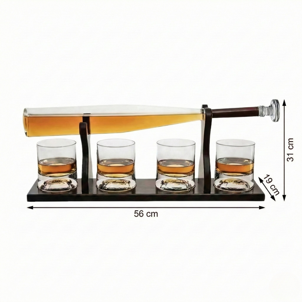 Baseball Bat Whiskey Decanter Set – Luxury Glass Liquor Dispenser with 4 Rocks Glasses