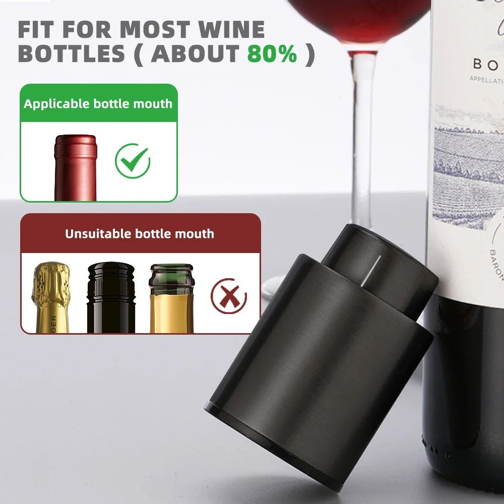 Black vacuum wine stopper angled near bottle opening; date-tracker ring