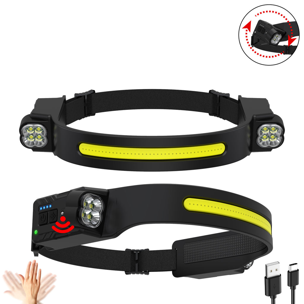 Two black and yellow headlamps with charging cable on a white background