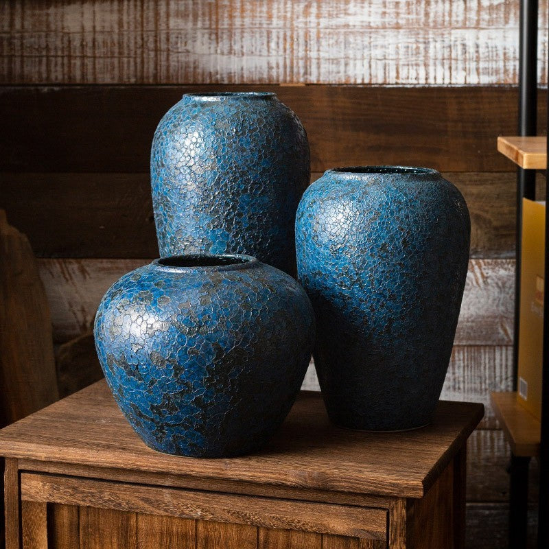 Sun Lake Supply Textured Blue Ceramic Vase Artisan Decorative Vase Available in Multiple Sizes