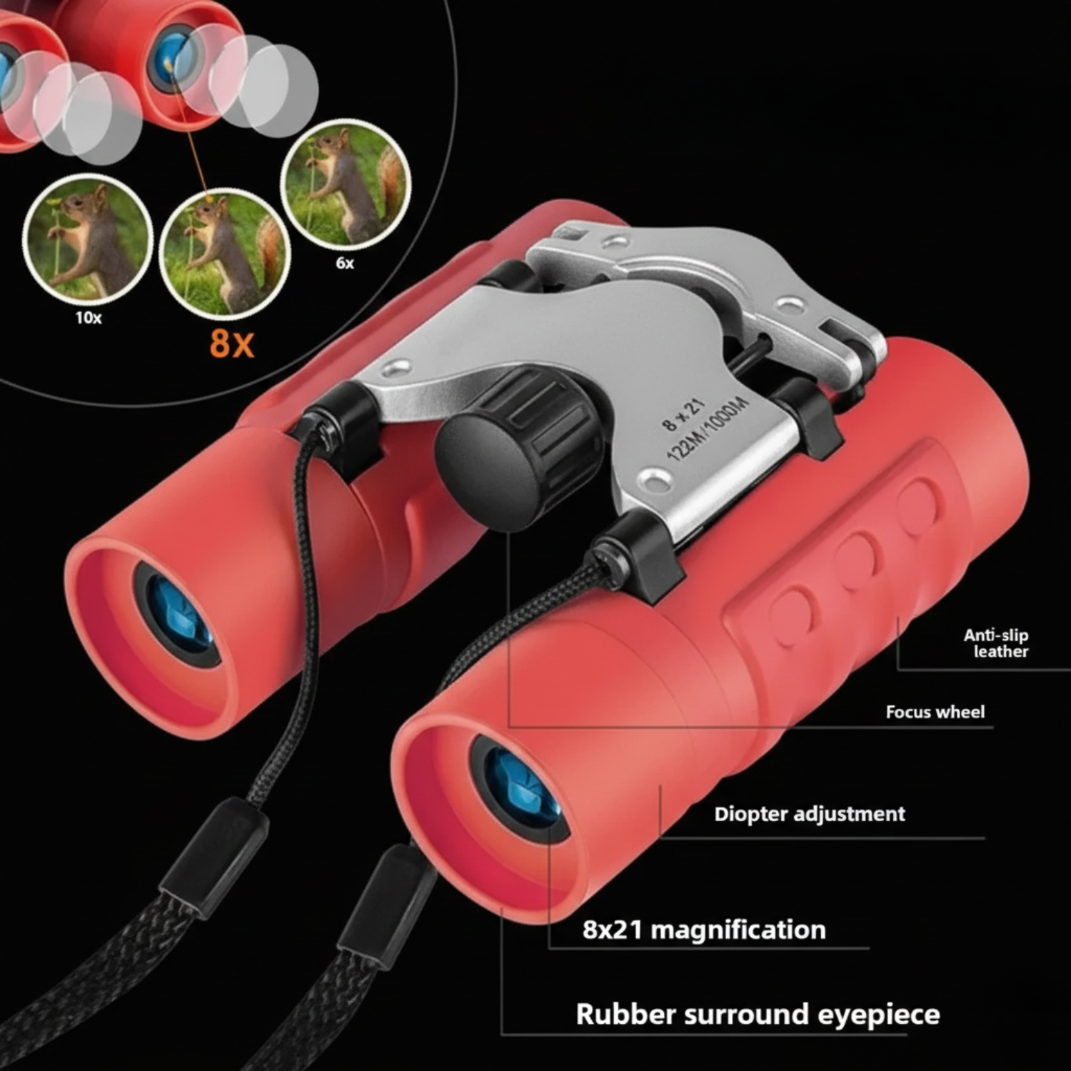 Mini Compact Binoculars 8x21 - Clear Optics Viewing for Travel, Sports, Concerts (Red or Black)
