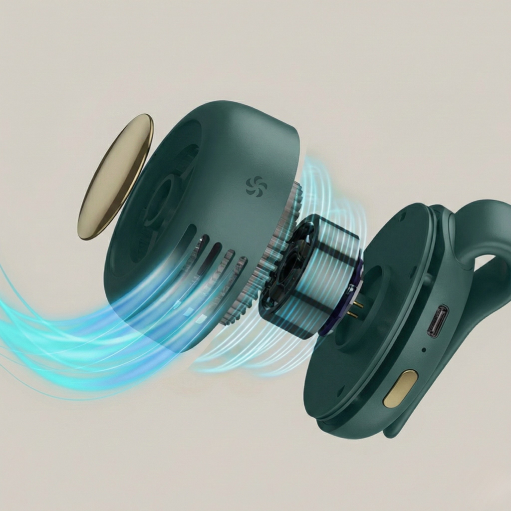 Green bladeless clip-on neck fan with airflow stream shown