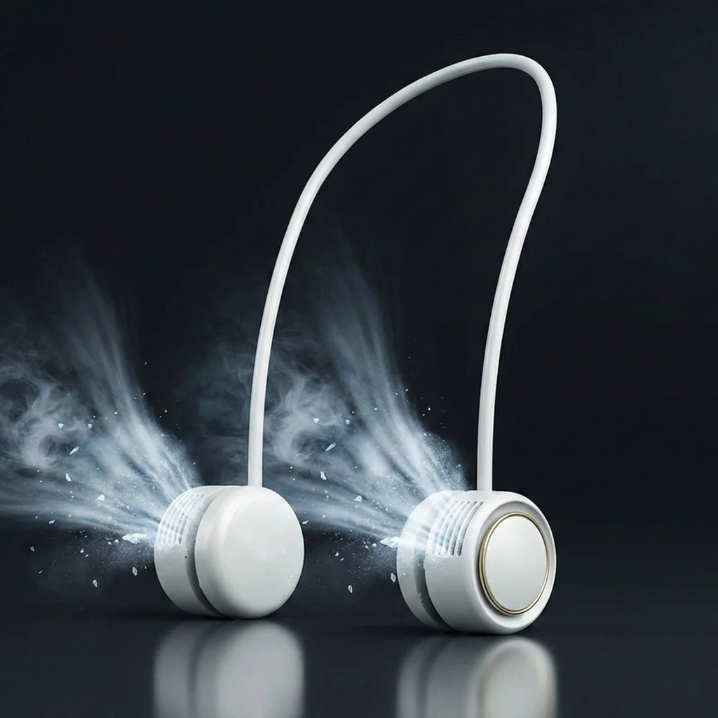 Two white cylindrical fan devices with a flexible neckband on a black background