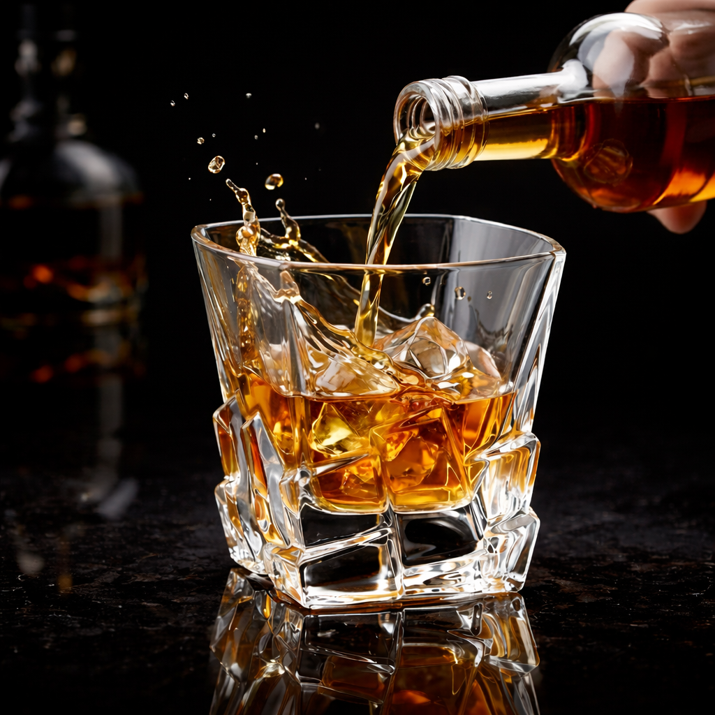Obsidian cut old fashioned tumbler pouring amber whiskey; heavy base, faceted pattern