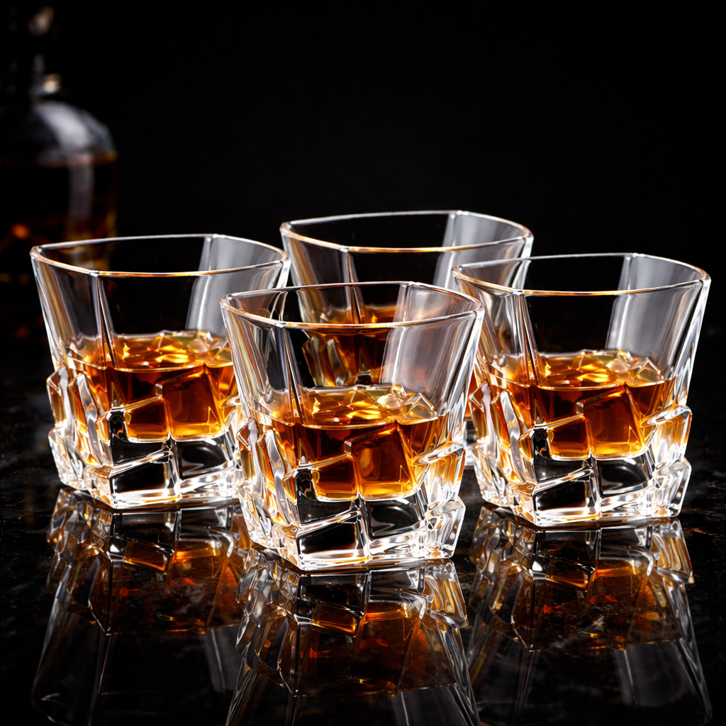 Four obisidian cut whiskey tumblers with heavy bases, faceted geometric sides