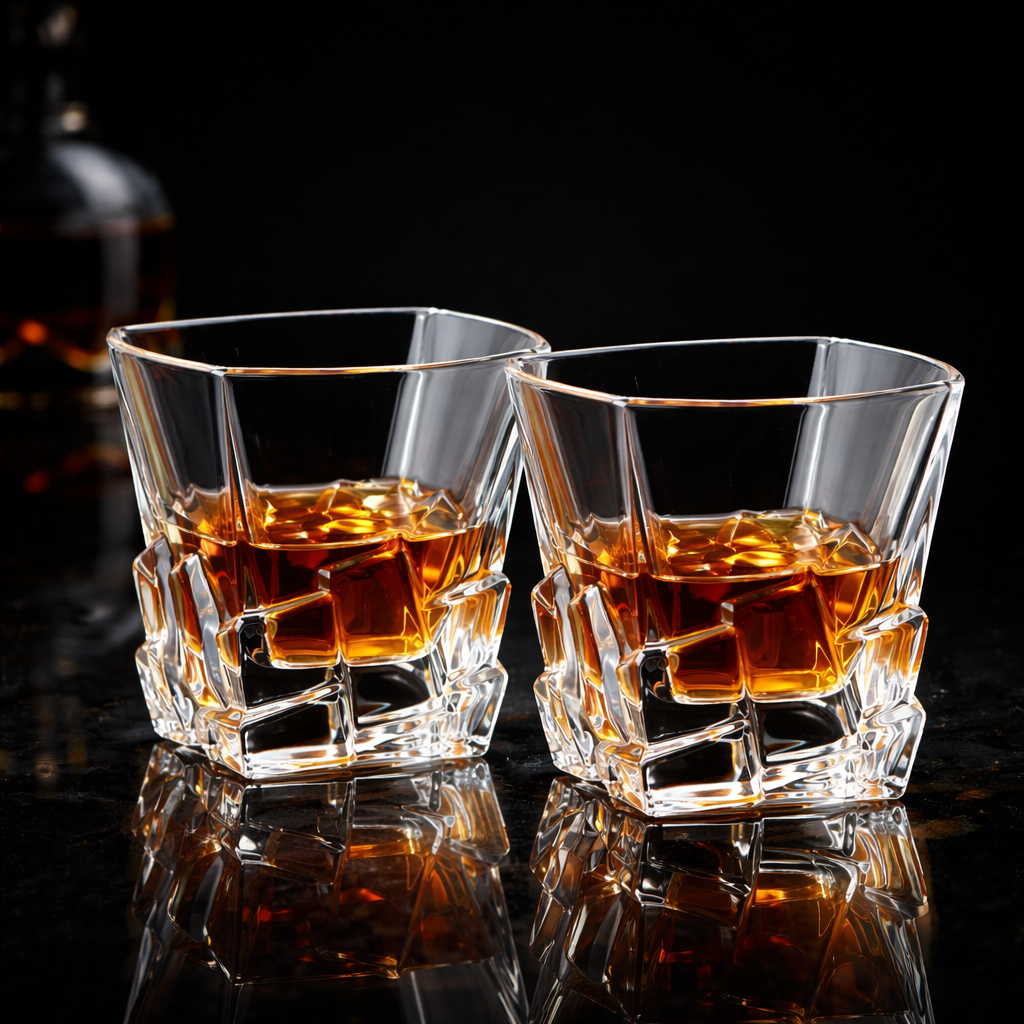 Two obisidian cut whiskey tumblers side by side, heavy base, faceted geometric design