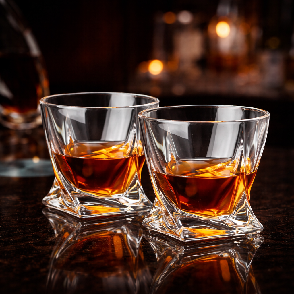 Two Axis Tilt whiskey tumblers with amber liquor, heavy faceted crystal base