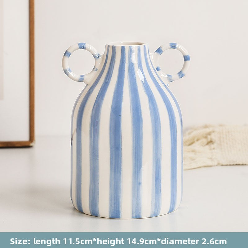 Hand-Painted Striped Porcelain Vase with Dual Handles ? Modern Farmhouse & Coastal Decor