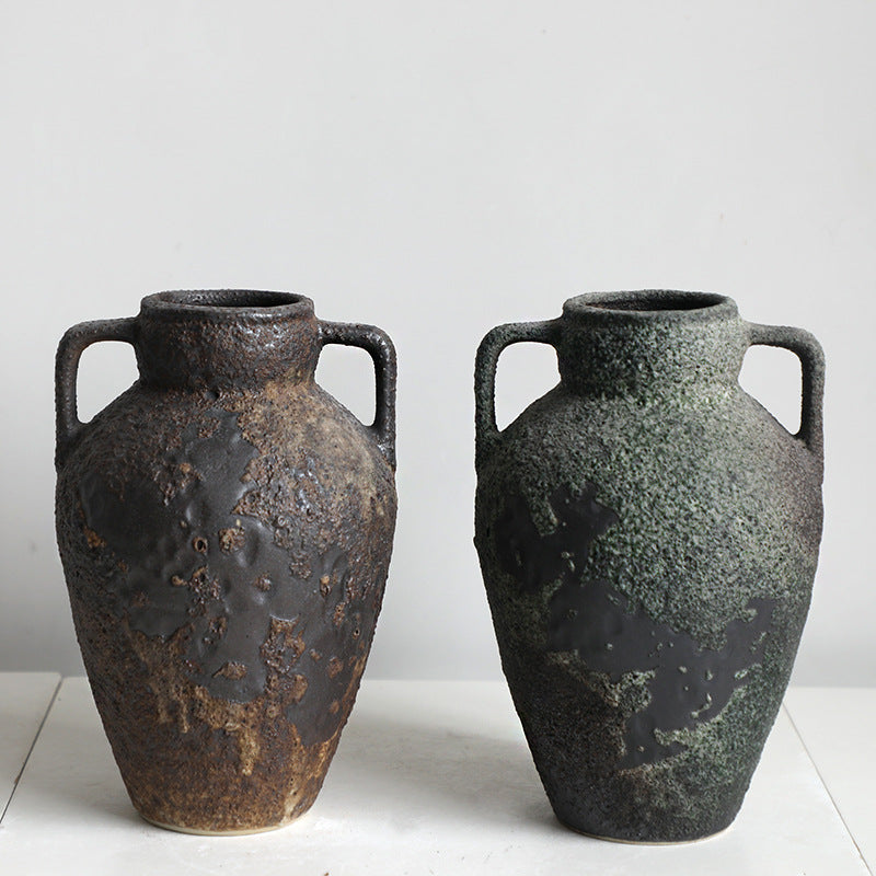 Sun Lake Supply Wabi-Sabi Ceramic Vase Rustic Handle Urn Textured Decorative Vase