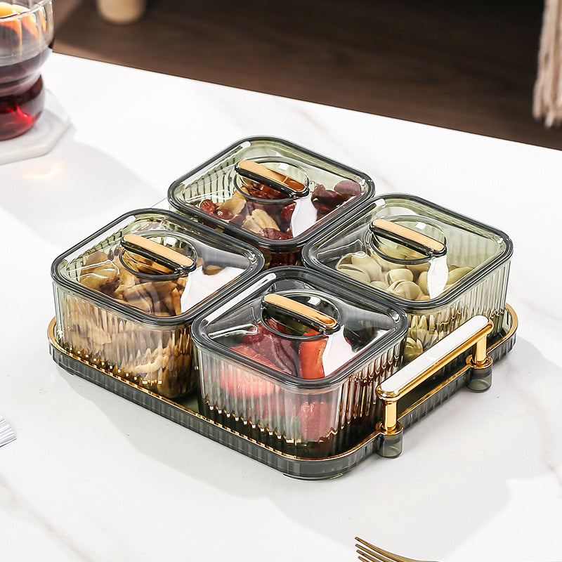 Elegant Divided Snack Tray with Lids | Appetizer & Nut Serving Set | 3/4/6 Compartments | Amber Gold & Emerald Green | Retro Luxury Style