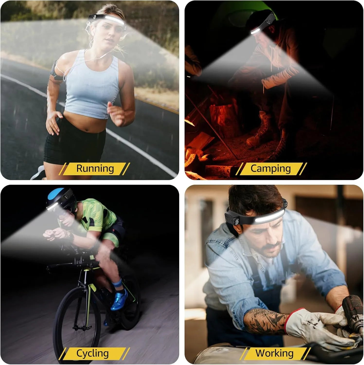 LED Motion Sensor Headlamp 4 or 8 LEDs, Rechargeable COB Headlight, Dual Beam, Type-C USB, High Brightness