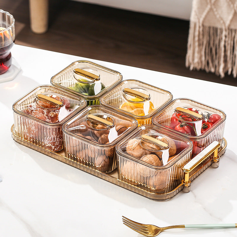 Elegant Divided Snack Tray with Lids | Appetizer & Nut Serving Set | 3/4/6 Compartments | Amber Gold & Emerald Green | Retro Luxury Style
