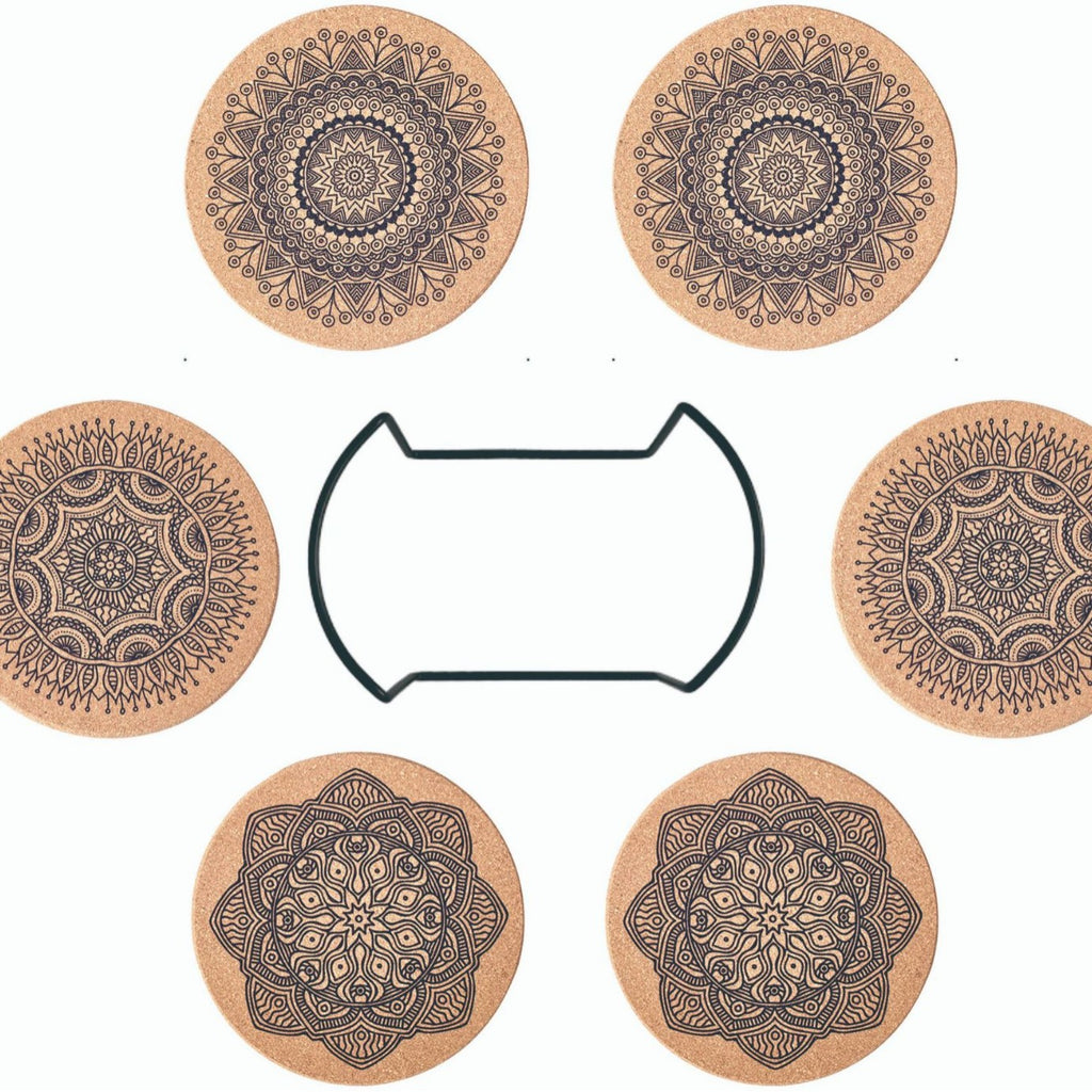 Sun Lake Supply Nordic Mandala Cork Coaster Set with Holder