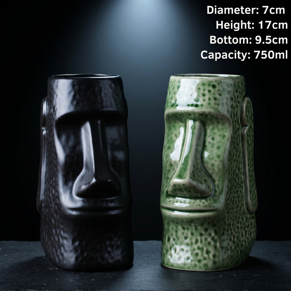 Two ceramic mugs shaped like Moai statues, one black and one green, on a dark background with measurements displayed.