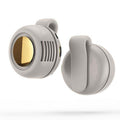 Gray bladeless clip-on neck fan pair view, front grille and back shell