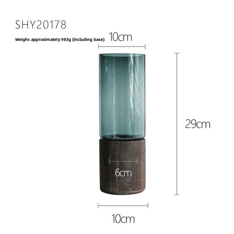 Sun Lake Supply Modern Glass & Wood Cylinder Vase Minimalist Nordic Table Flower Vase