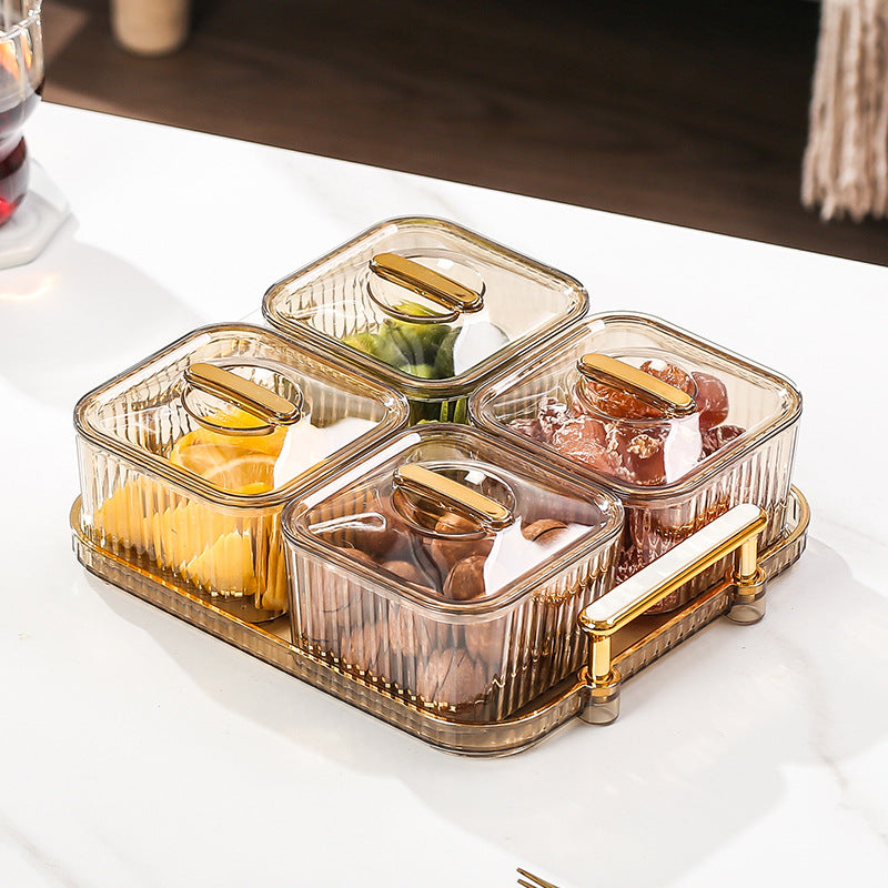 Elegant Divided Snack Tray with Lids | Appetizer & Nut Serving Set | 3/4/6 Compartments | Amber Gold & Emerald Green | Retro Luxury Style