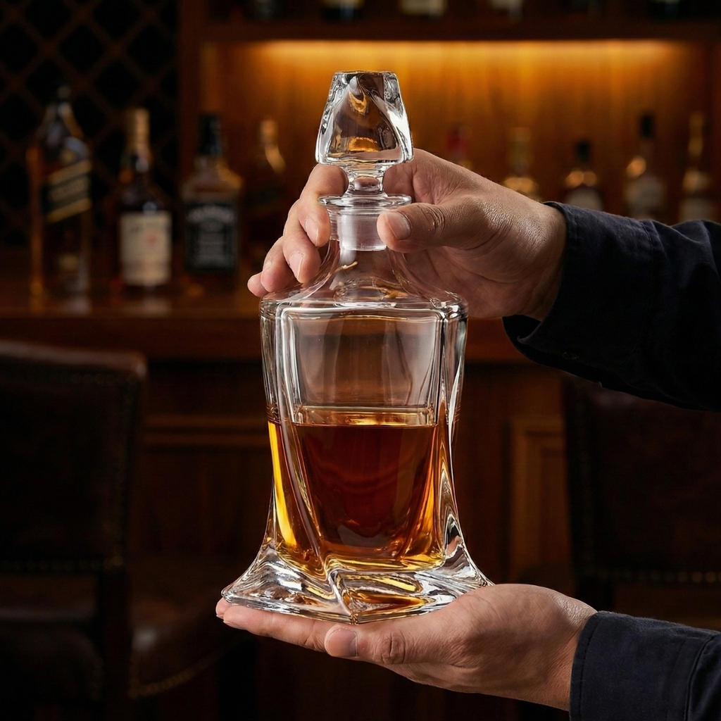 Crystal Whiskey Decanter with Stopper – 750ml Lead-Free Modern Liquor Bottle (Axis Tilt)