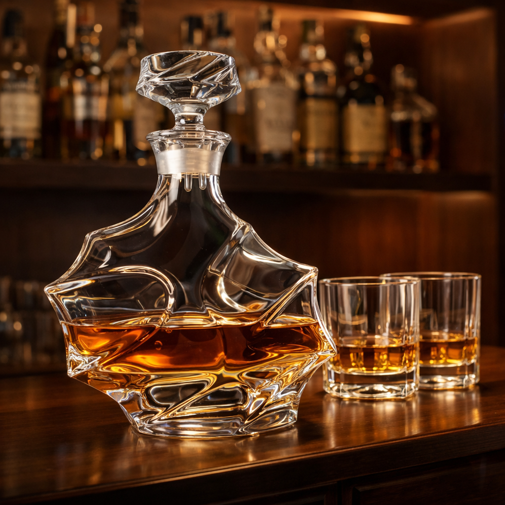 Glass whiskey decanter with two glasses on a bar counter, surrounded by bottles in the background.