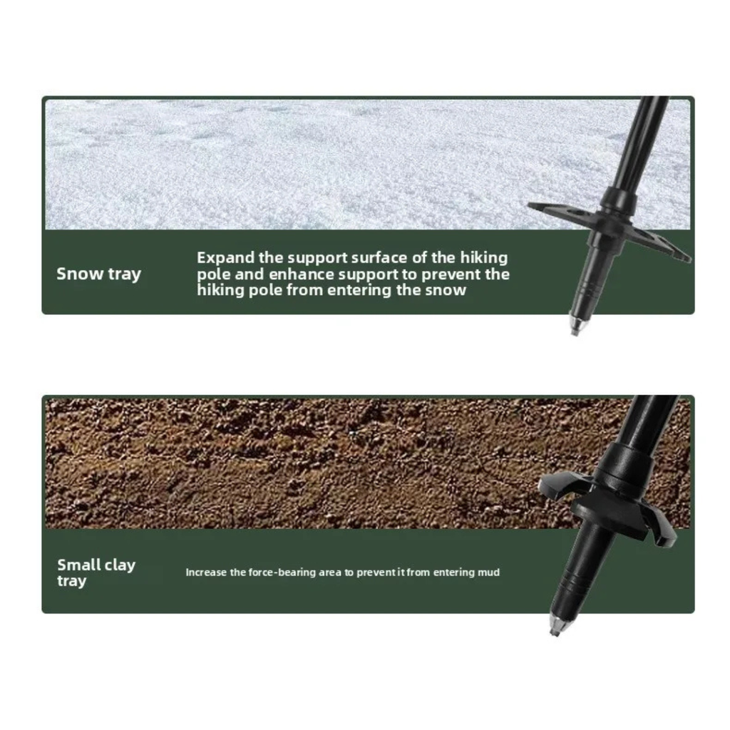 Hiking pole with snow tray and small clay tray attachments on a white background