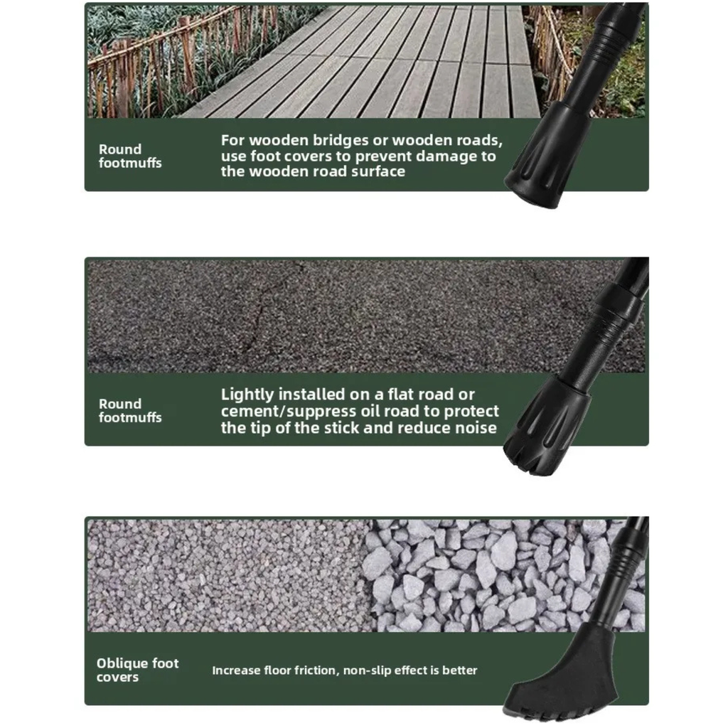 Instructions for using foot covers on wooden bridges, roads, and flat surfaces with images and text.