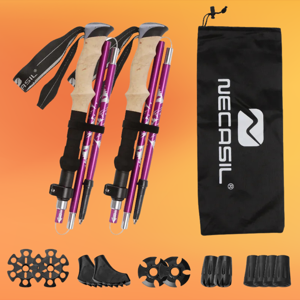 Purple hiking poles with accessories and carrying bag on an orange background