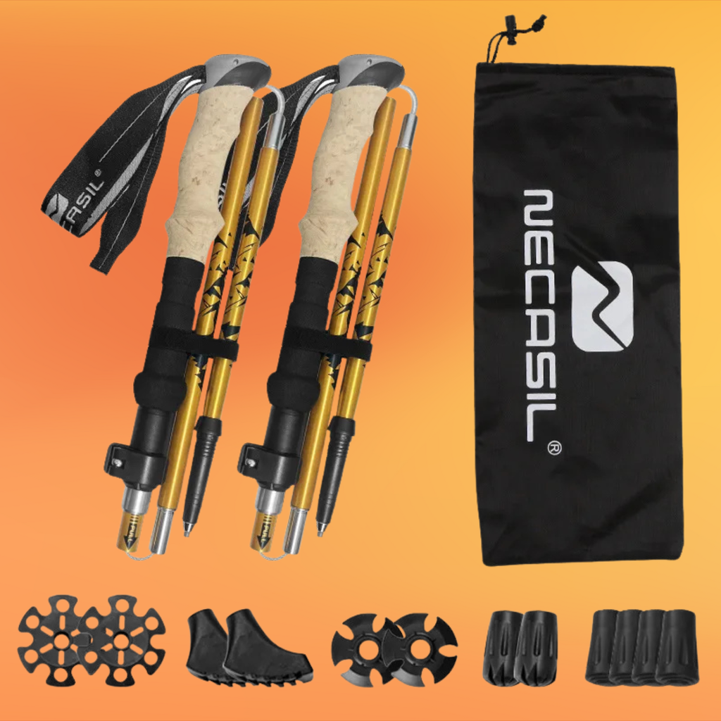 Set of hiking poles with accessories and carrying bag on an orange background