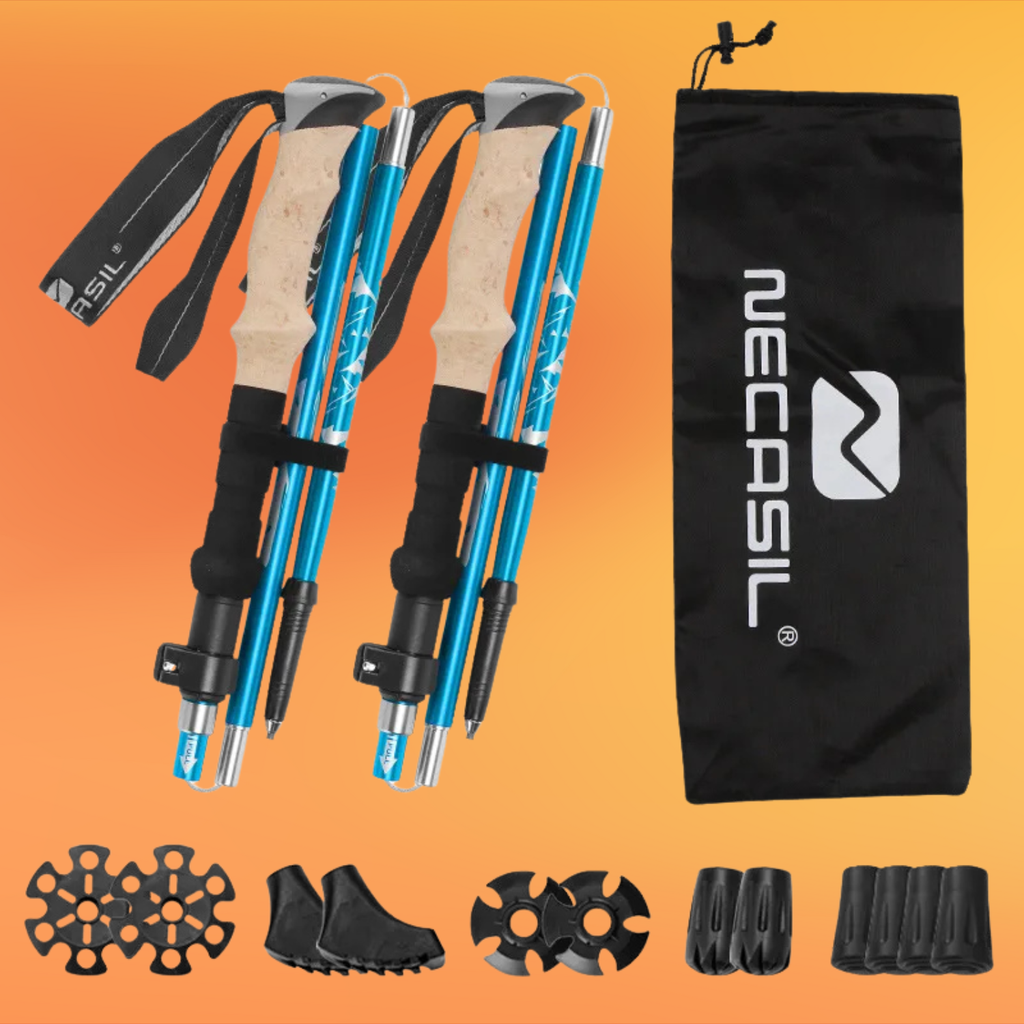 Set of blue hiking poles with accessories and carrying bag on an orange background