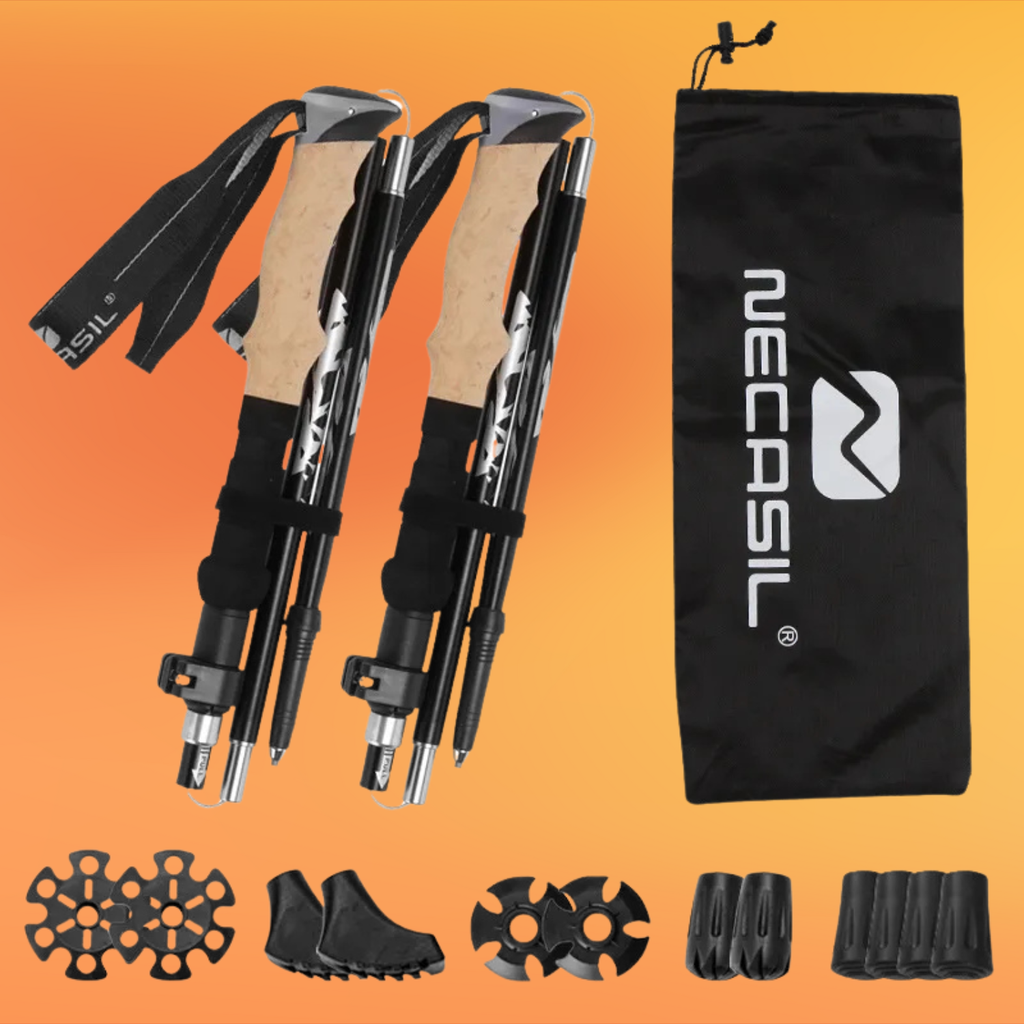 Set of hiking poles with accessories and a carrying bag on an orange background