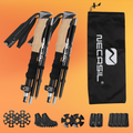 Set of hiking poles with accessories and a carrying bag on an orange background
