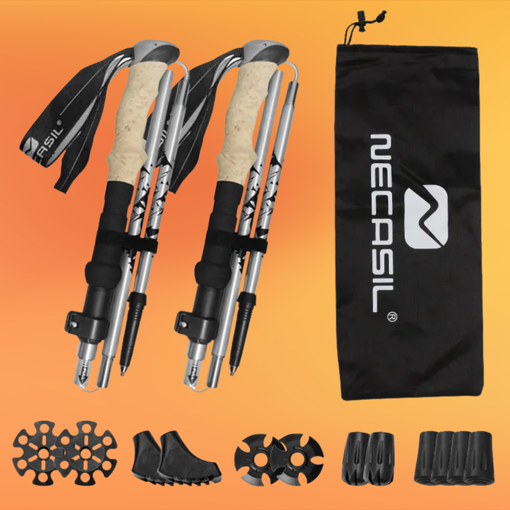 Two hiking poles with accessories and a carrying bag on an orange background, featuring the Necasil brand.