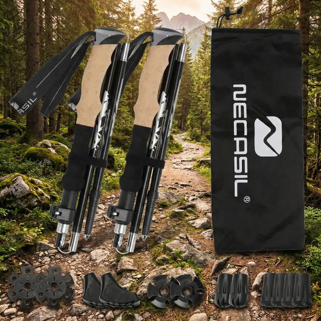 Hiking poles with accessories and Nevasil branding in a forest setting