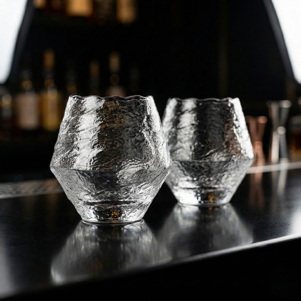 Hand-Blown Japanese Hammered Whiskey Glass – Glass Rock Tumbler for Bourbon, Scotch & Cocktails