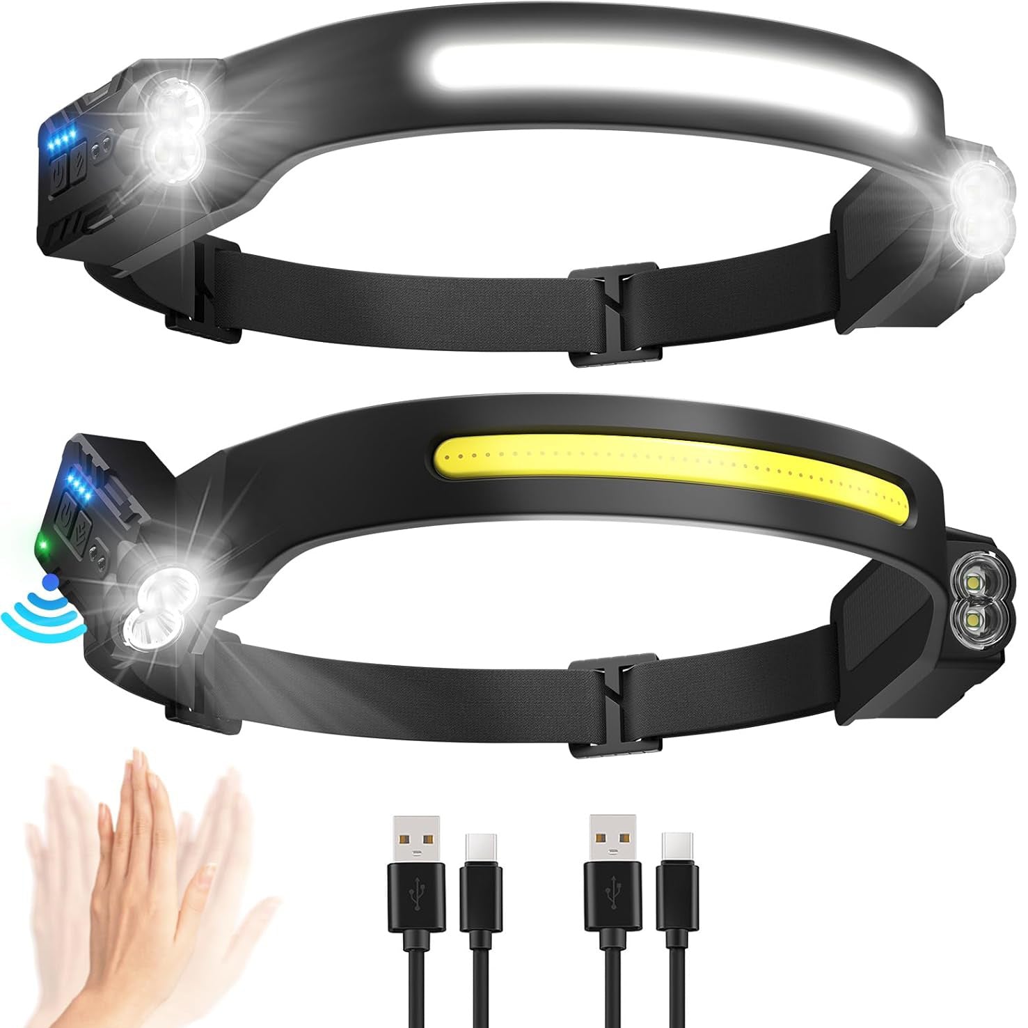 Two headlamps with USB cables on a white background