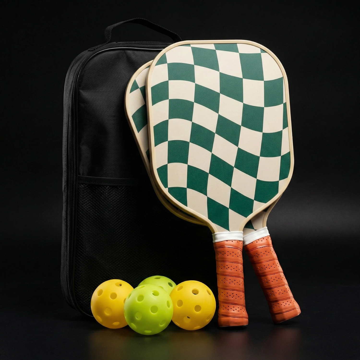 Wavy Checkerboard Fiberglass Pickleball Paddle Set with Carry Bag & 4 Balls - Lightweight Matte Finish Training + Recreational Kit
