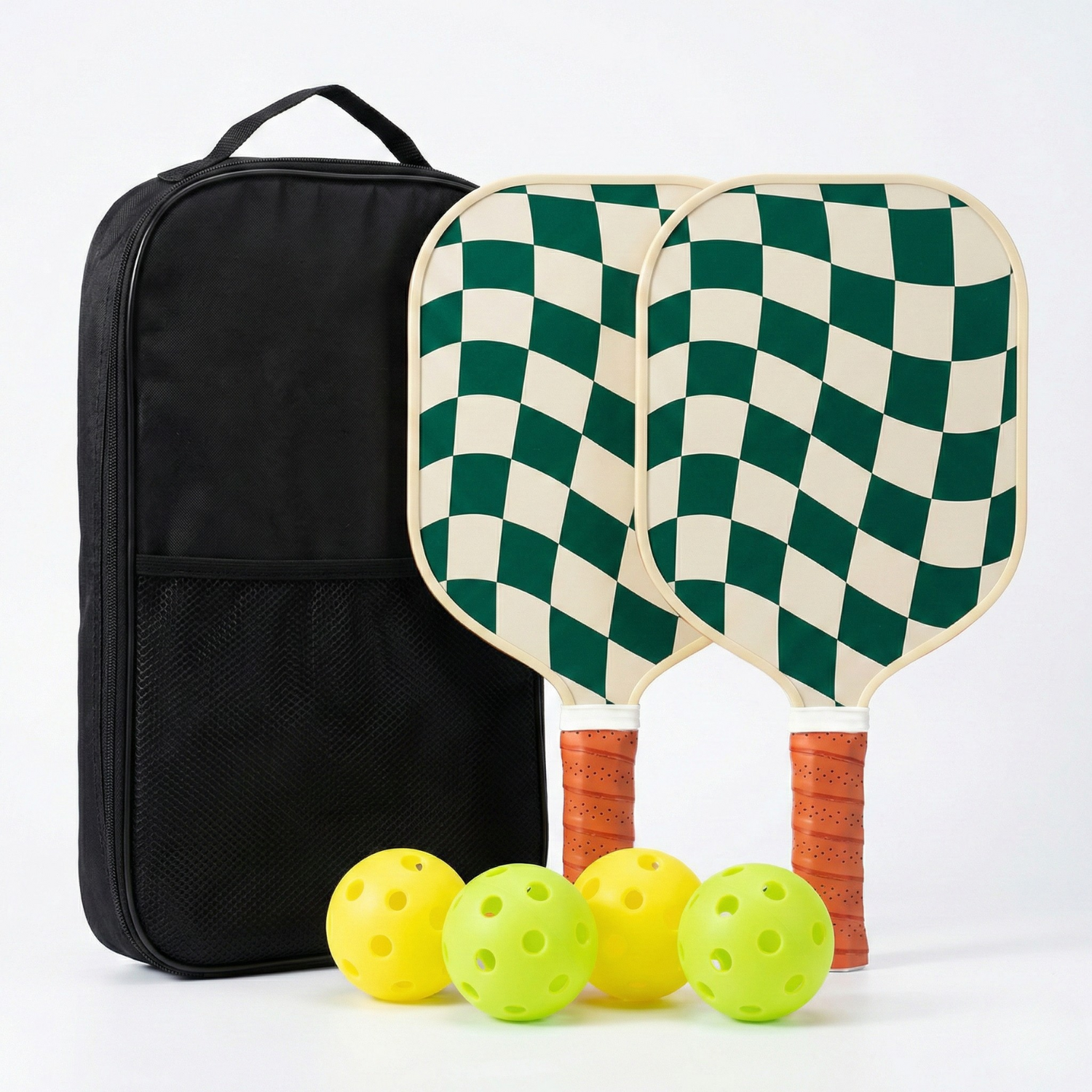 Wavy Checkerboard Fiberglass Pickleball Paddle Set with Carry Bag & 4 Balls - Lightweight Matte Finish Training + Recreational Kit