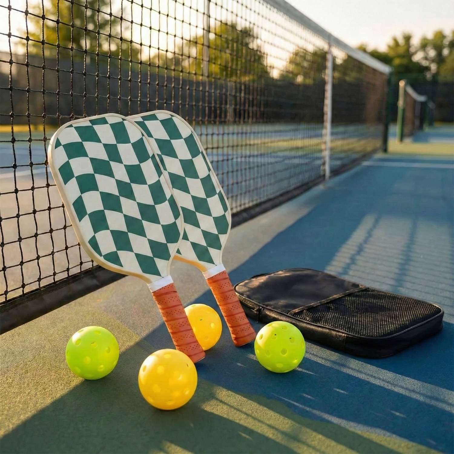 Wavy Checkerboard Fiberglass Pickleball Paddle Set with Carry Bag & 4 Balls - Lightweight Matte Finish Training + Recreational Kit