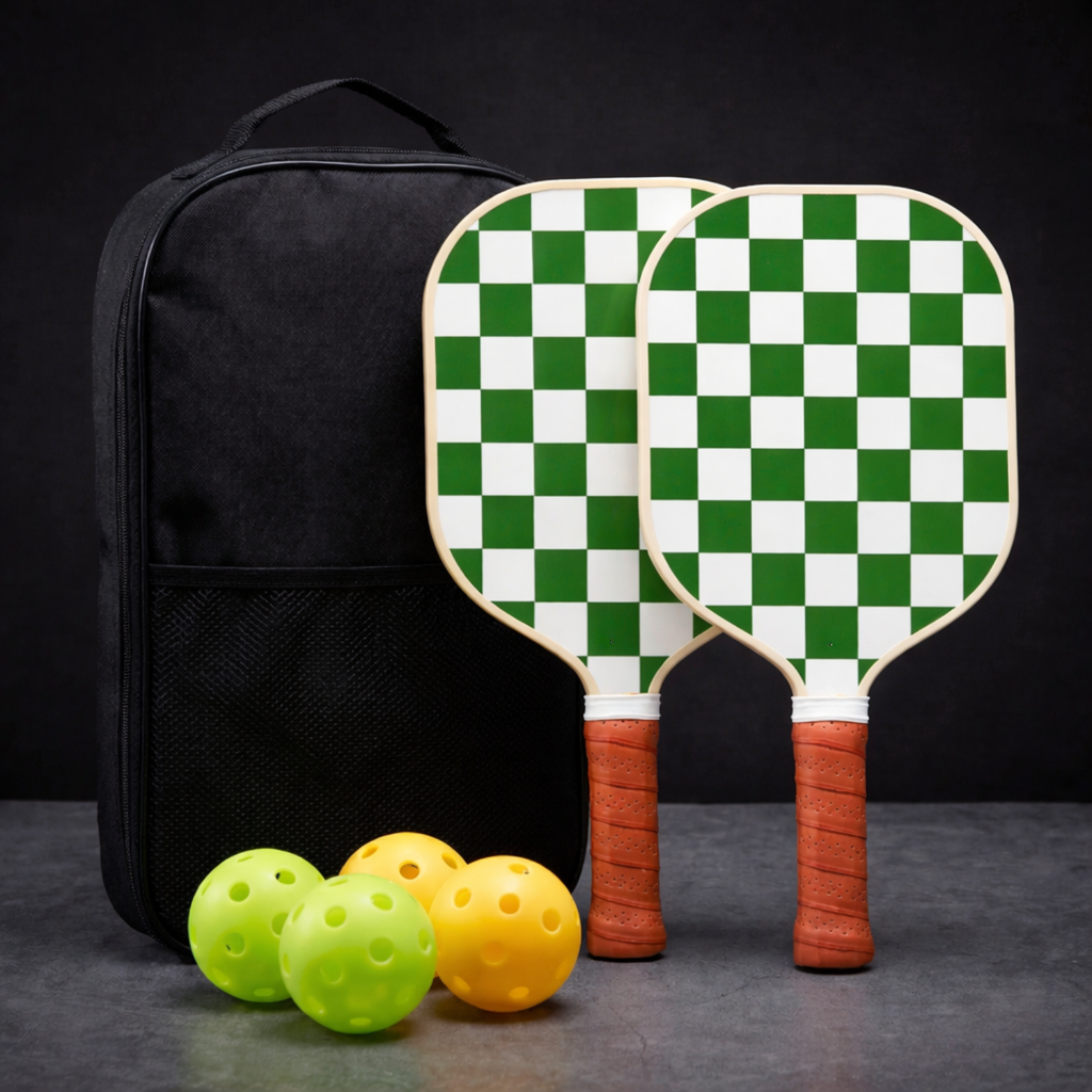 Checkered Fiberglass Pickleball Paddle Set with Carry Bag & 4 Balls - Lightweight Matte Finish Training + Recreational Kit