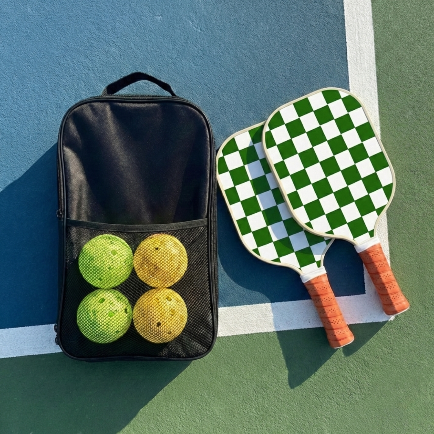 Checkered Fiberglass Pickleball Paddle Set with Carry Bag & 4 Balls - Lightweight Matte Finish Training + Recreational Kit
