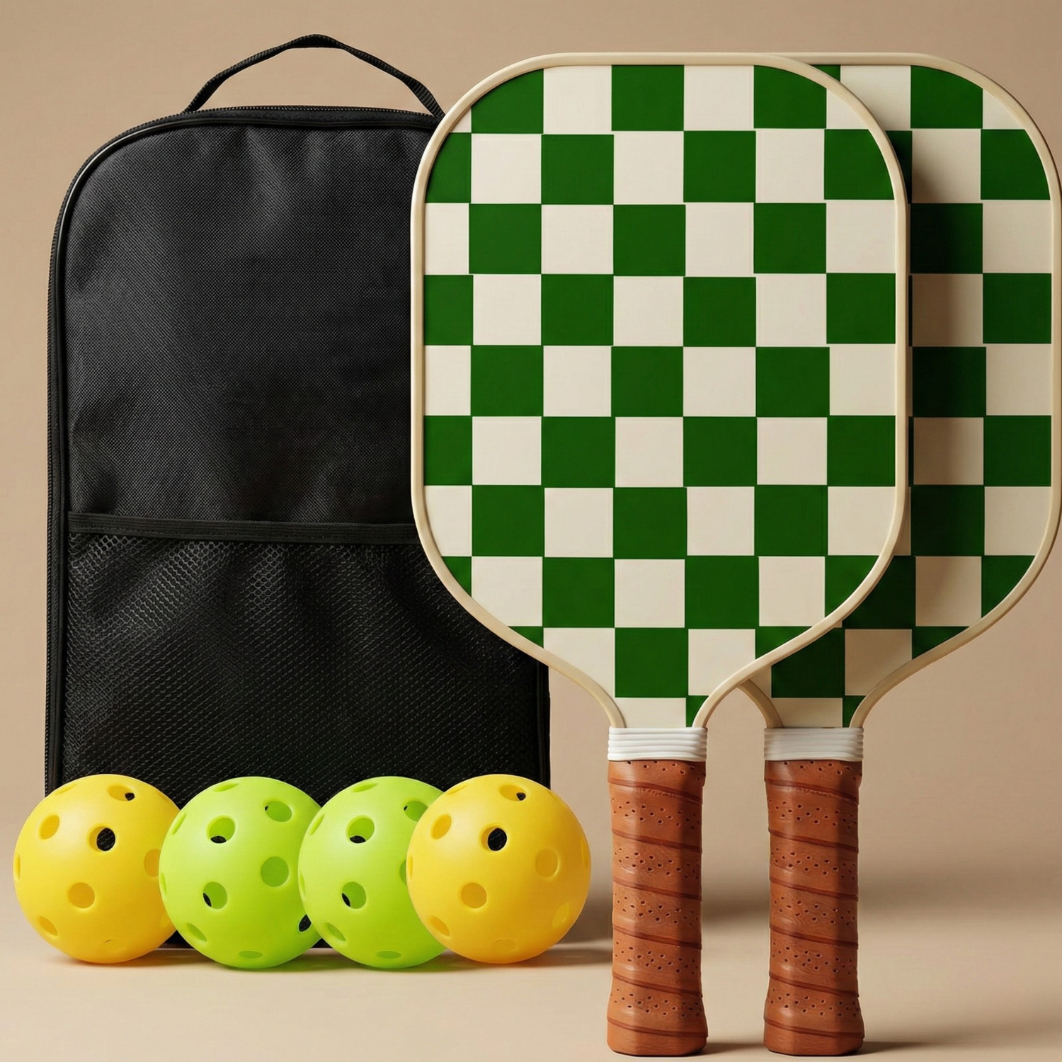 Checkered Fiberglass Pickleball Paddle Set with Carry Bag & 4 Balls - Lightweight Matte Finish Training + Recreational Kit