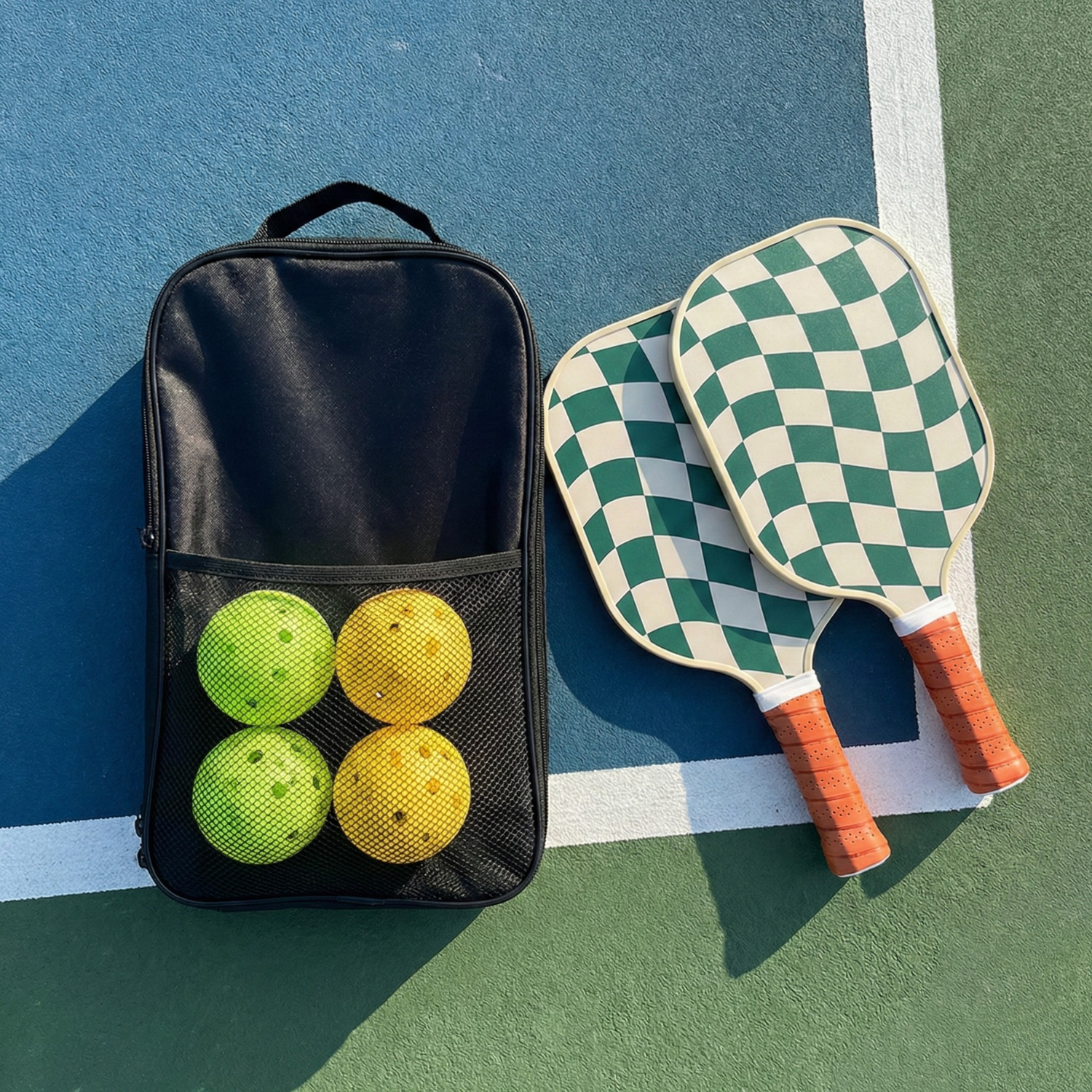 Wavy Checkerboard Fiberglass Pickleball Paddle Set with Carry Bag & 4 Balls - Lightweight Matte Finish Training + Recreational Kit