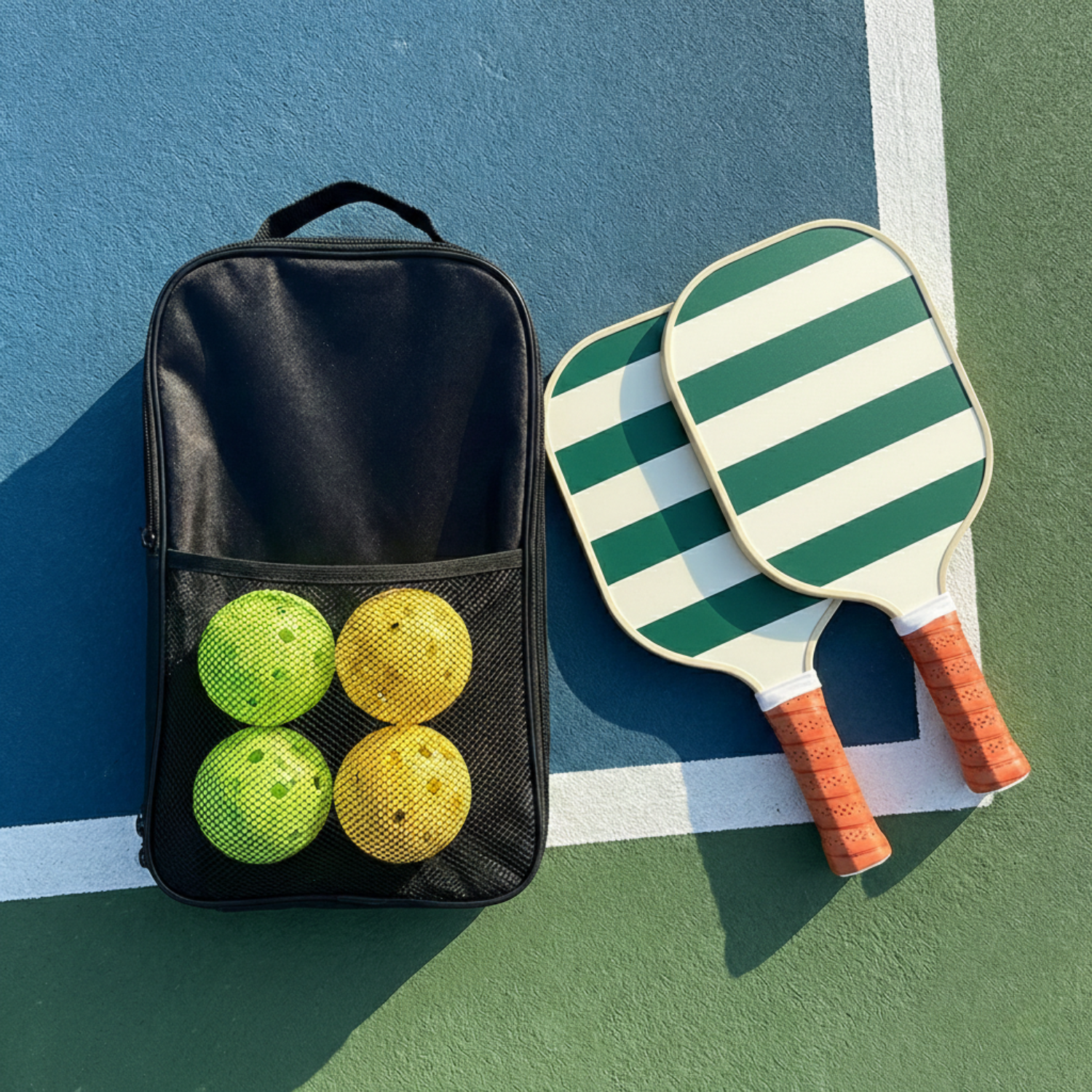 Horizontal Stripe Fiberglass Pickleball Paddle Set with Carry Bag & 4 Balls - Lightweight Matte Finish Training + Recreational Kit