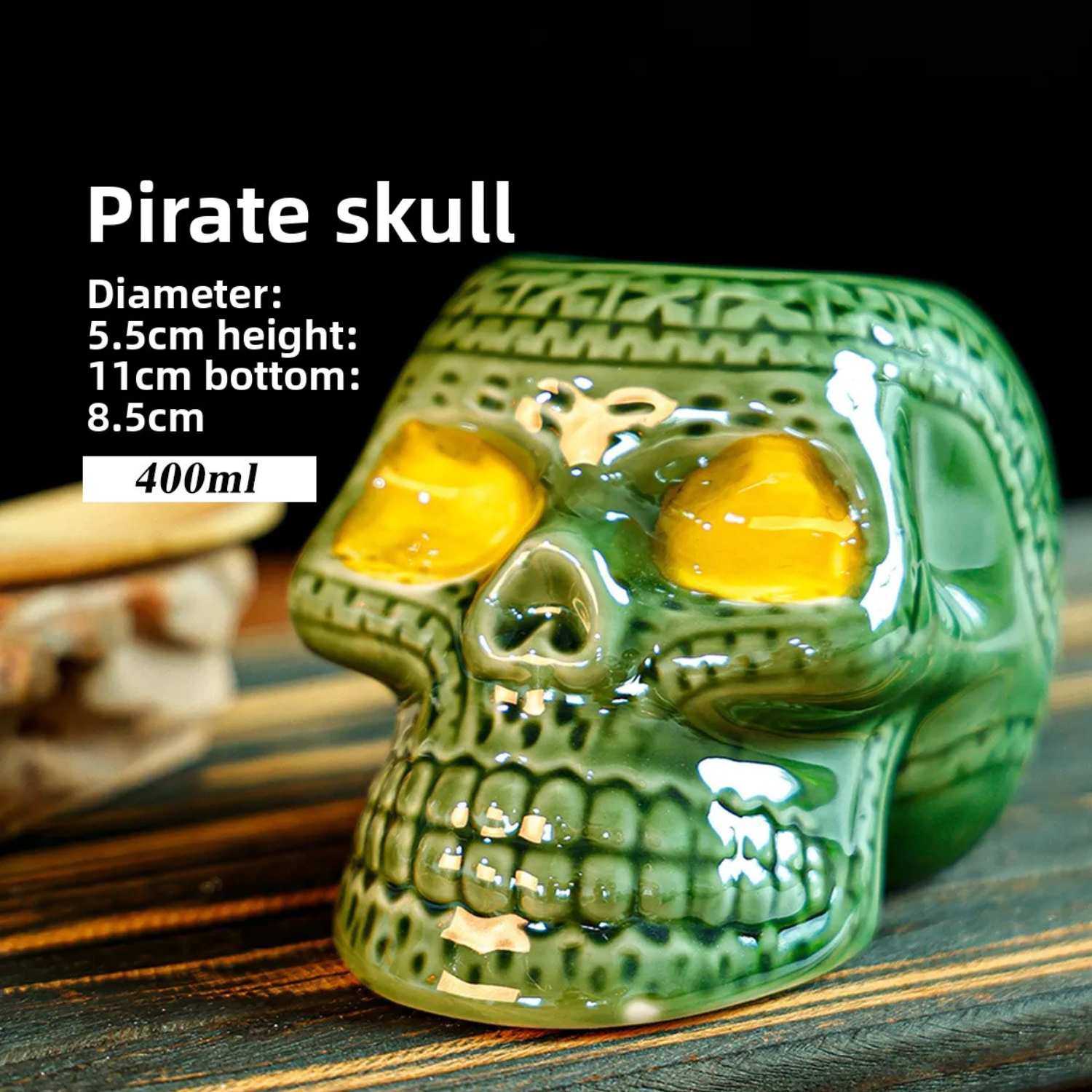 Green pirate skull ceramic cup, 400ml, skull face with yellow eyes