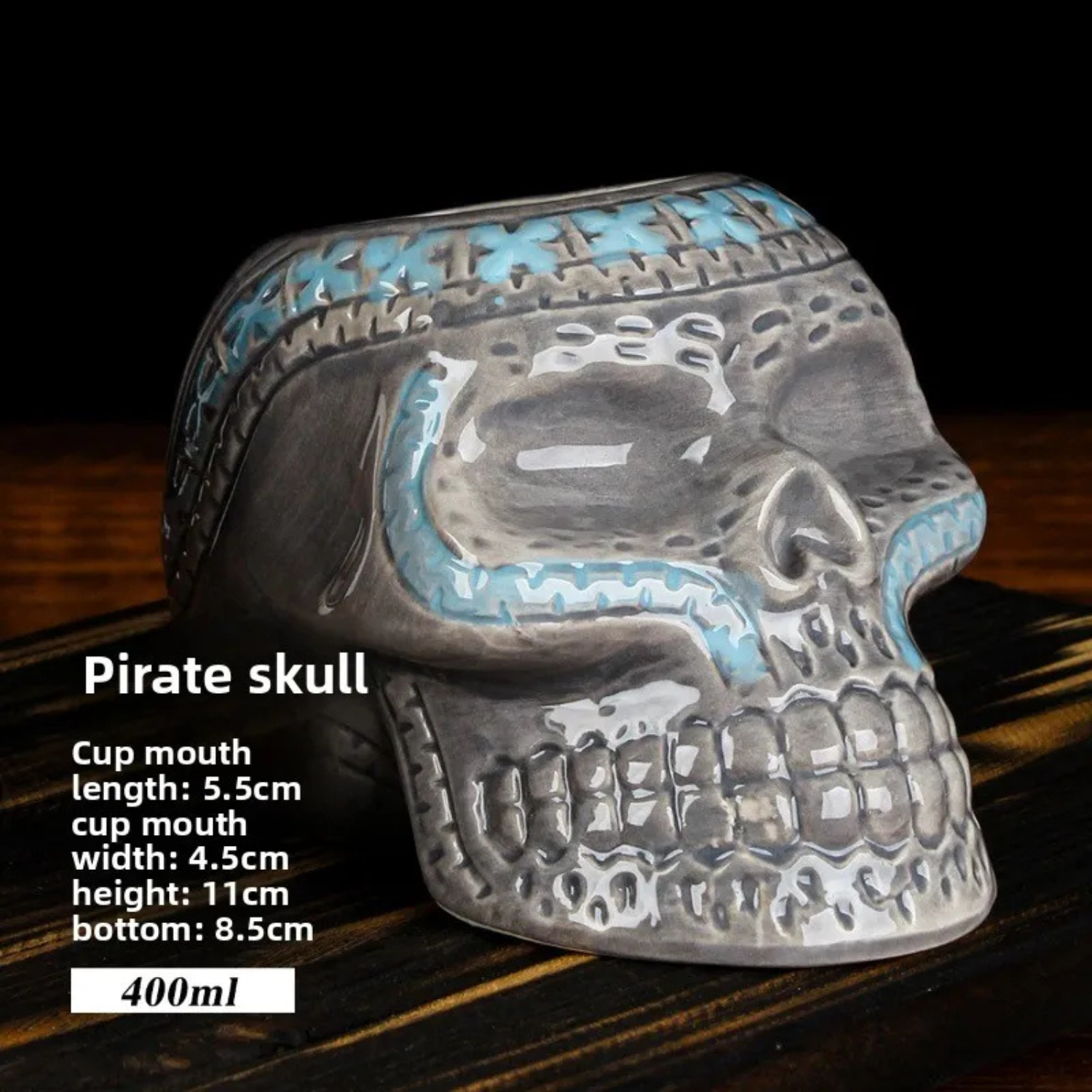 Gray-blue pirate skull ceramic cup, 400ml, skull face with open mouth