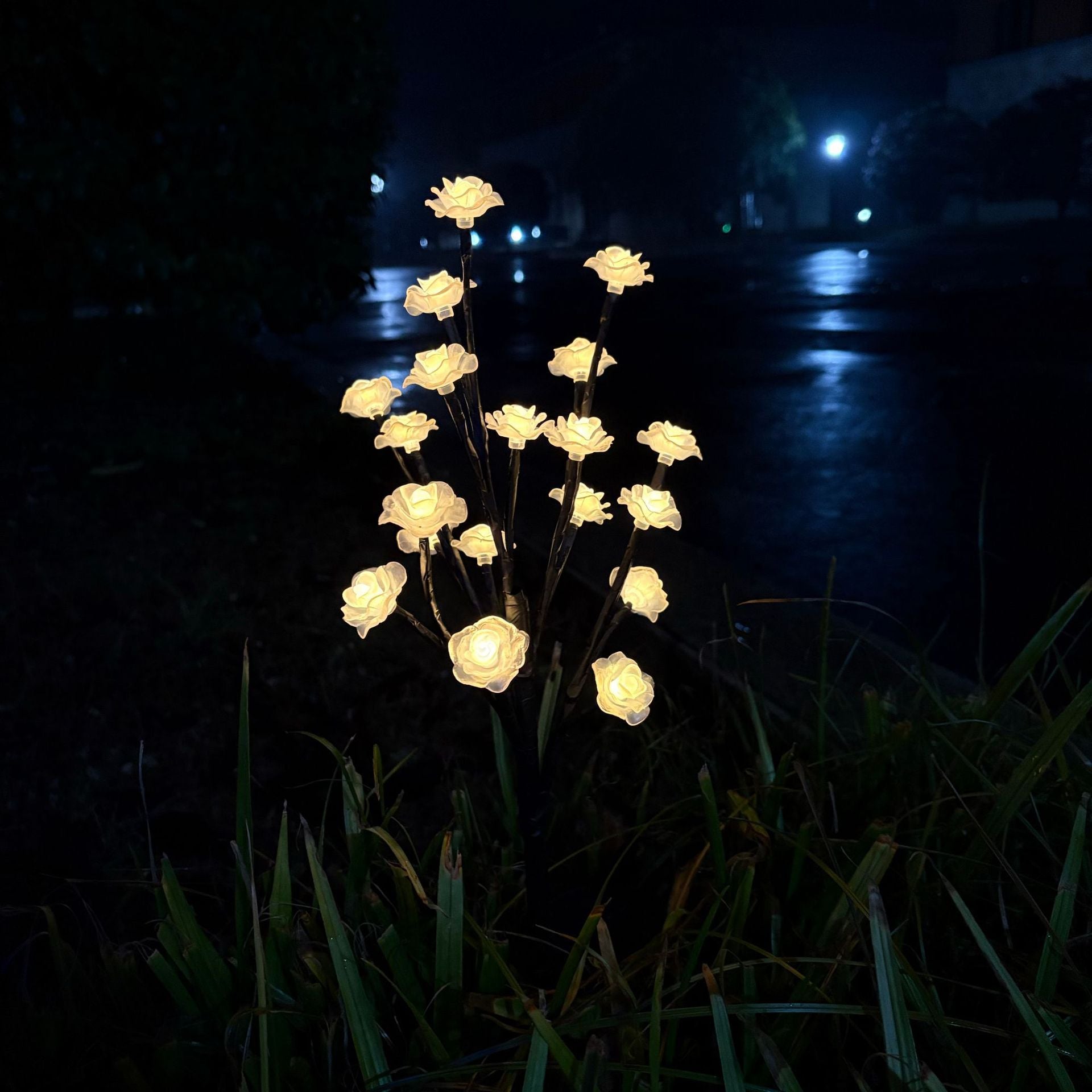 Decorative string lights shaped like flowers on a dark background